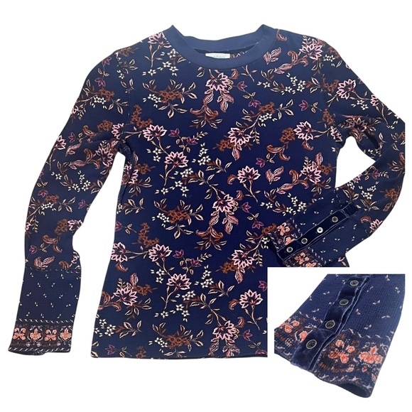 Sundance Waffle Knit Top Large Velvet Cuff Purple Floral Thermal Boho Prairie - Picture 2 of 12